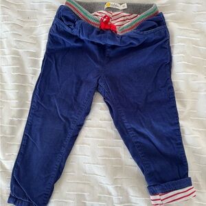 Mini Boden Blue Joggers with Red and Green Trim, corduroy material